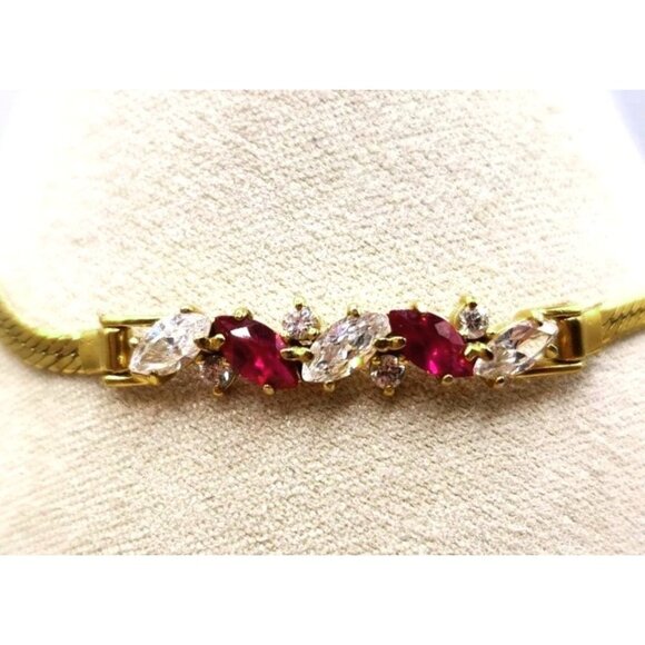 Gold Plated Herringbone Chain Bracelet - Synthetic Ruby & Crystal Accents - Picture 1 of 4